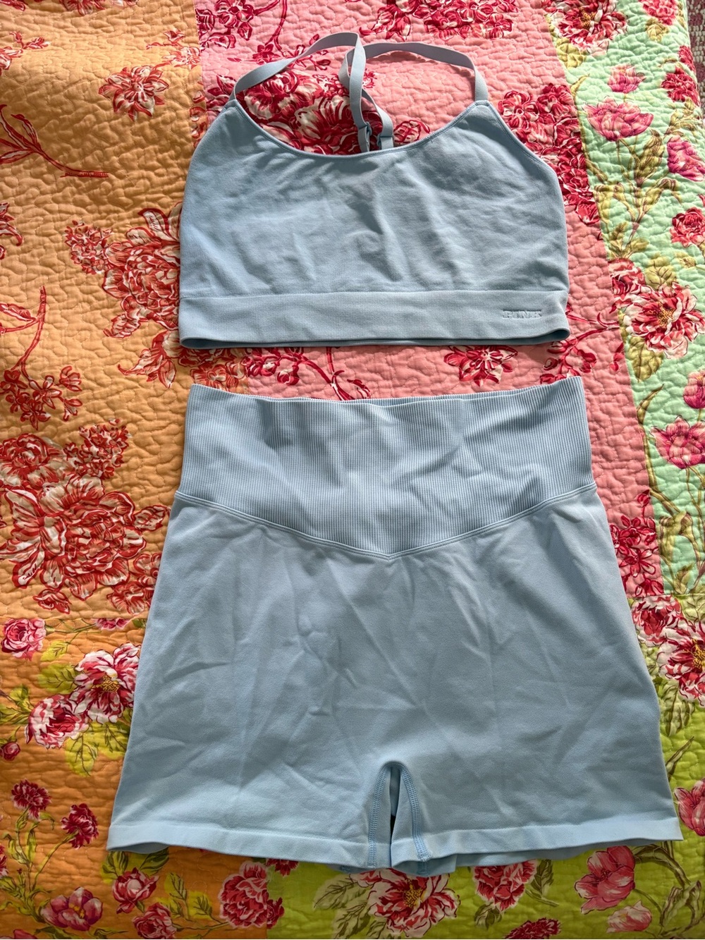 PINK Victoria’s Secret Light Blue Seamless Sports Bra & High-Waist Shorts Set